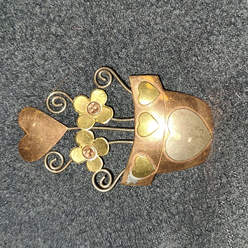 Artisan Handmade Brooch Pin Copper & Brass Hearts & Flowers in Flower Pot Basket